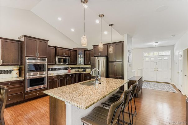 Interior, Kitchen, Pendant Lights, Recessed Lighting, Stainless Steel Appliances, Wood Texture Flooring