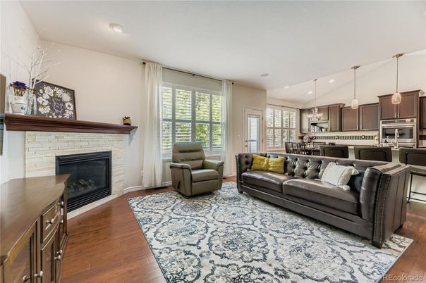Dining room, Fireplace, Interior, Kitchen, Living room, Pendant Lights, Recessed Lighting, Stainless Steel Appliances, Wood Texture Flooring