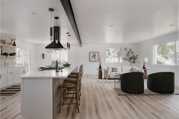 Interior, Kitchen, Living room, Pendant Lights, Recessed Lighting, Wood Texture Flooring