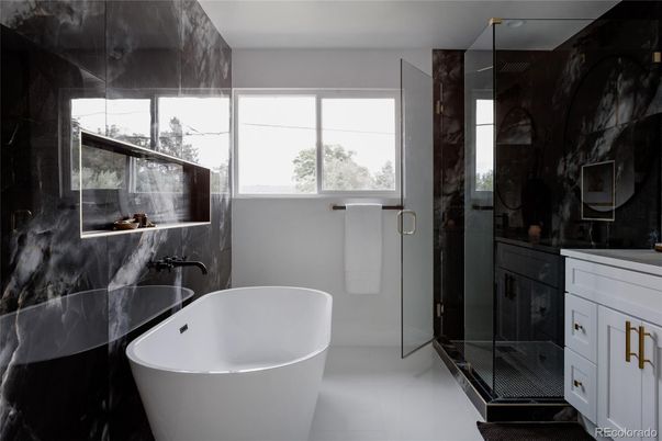 Bathroom, Free Standing Baths, Glass Shower, Interior, Marble Walls