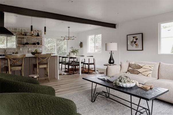 Dining room, Interior, Living room, Pendant Lights, Recessed Lighting, Stone Walls, Wooden Beams, Wood Texture Flooring