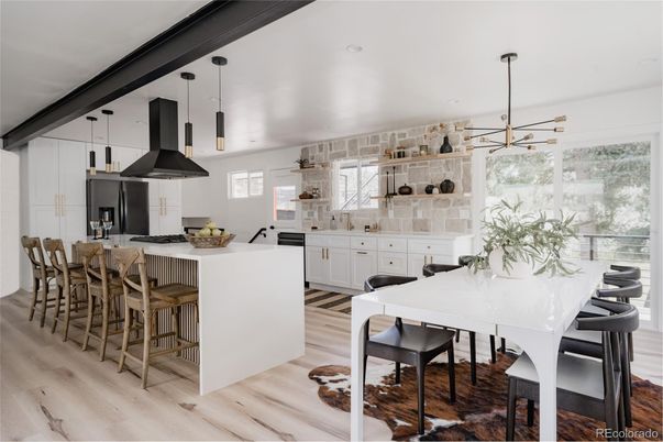 Dining room, Interior, Kitchen, Pendant Lights, Recessed Lighting, Wood Texture Flooring