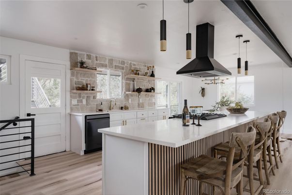 Interior, Kitchen, Pendant Lights, Wood Texture Flooring