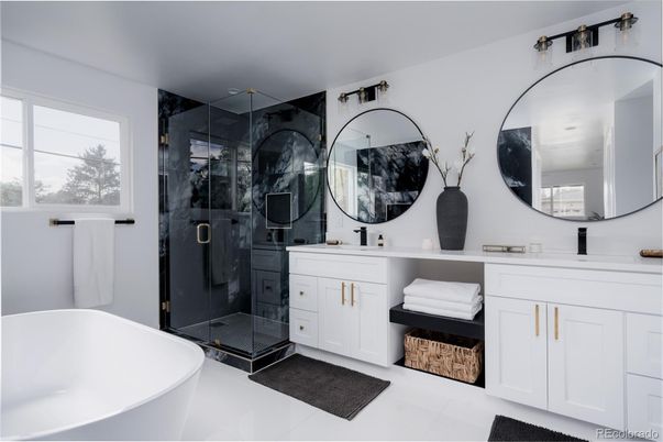 Bathroom, Dual Sink Vanities, Free Standing Baths, Glass Shower, Interior