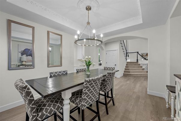 Chandelier, Dining room, Interior, Pendant Lights, Wood Texture Flooring