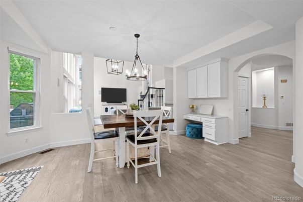 Chandelier, Dining room, Interior, Pendant Lights, Wood Texture Flooring