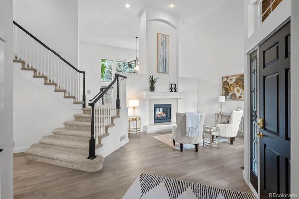 Fireplace, Interior, Pendant Lights, Recessed Lighting, Wood Texture Flooring