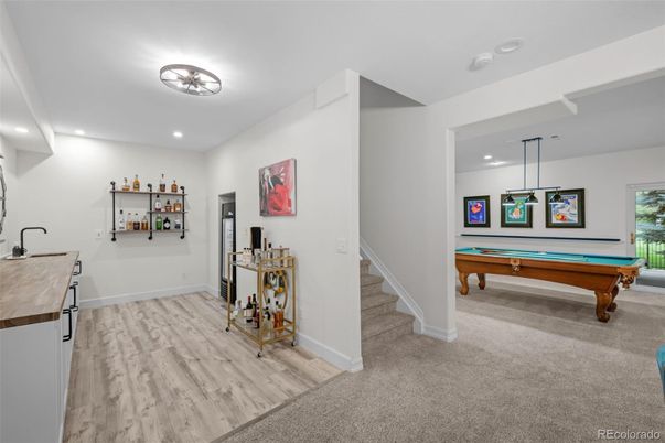 Billiard Table, Game Room, Interior, Pendant Lights, Recessed Lighting, Wood Texture Flooring