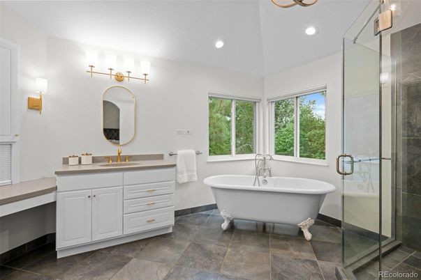 Bathroom, Free Standing Baths, Glass Shower, Interior, Recessed Lighting