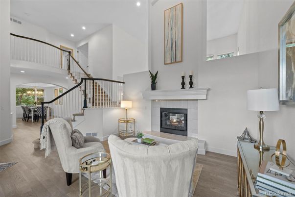 Chandelier, Dining room, Fireplace, Interior, Living room, Recessed Lighting, Wood Texture Flooring