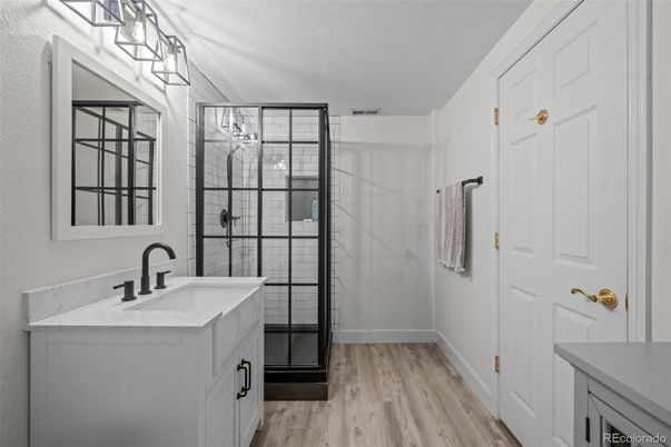 Bathroom, Glass Shower, Interior, Wood Texture Flooring