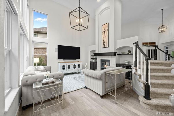 Fireplace, Interior, Living room, Pendant Lights, Wood Texture Flooring