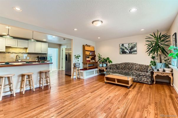 Interior, Kitchen, Living room, Pendant Lights, Recessed Lighting, Wood Texture Flooring