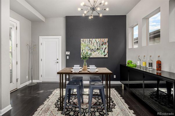 Dining room, Interior, Pendant Lights, Wood Texture Flooring