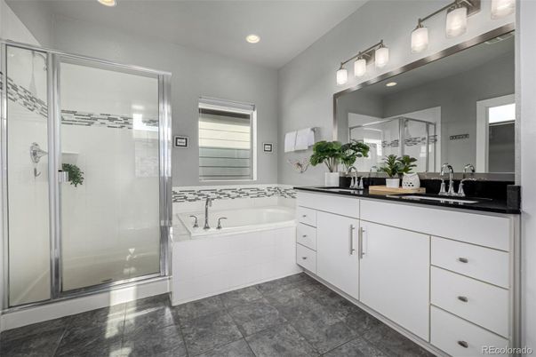 Bathroom, Dual Sink Vanities, Glass Shower, Interior, Recessed Lighting