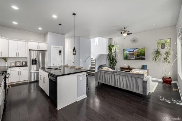 Interior, Kitchen, Living room, Pendant Lights, Recessed Lighting, Stainless Steel Appliances, Wood Texture Flooring