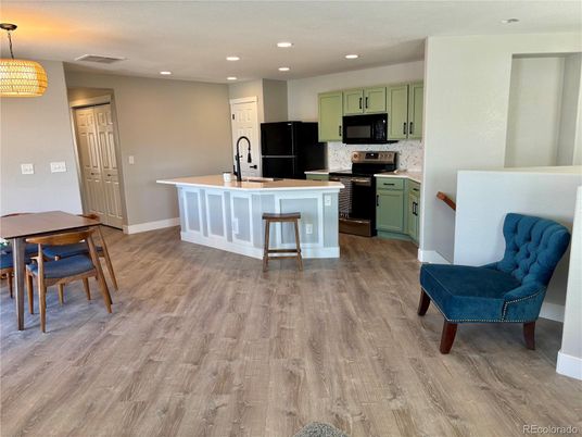Dining room, Interior, Kitchen, Recessed Lighting, Wood Texture Flooring