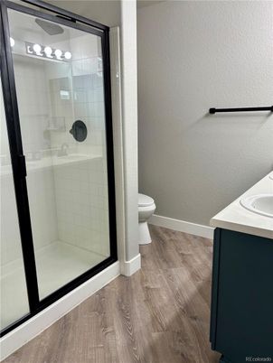 Bathroom, Glass Shower, Interior, Wood Texture Flooring