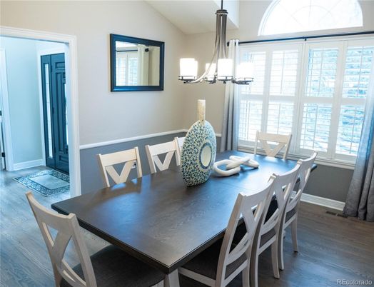 Dining room, Interior, Pendant Lights, Wood Texture Flooring