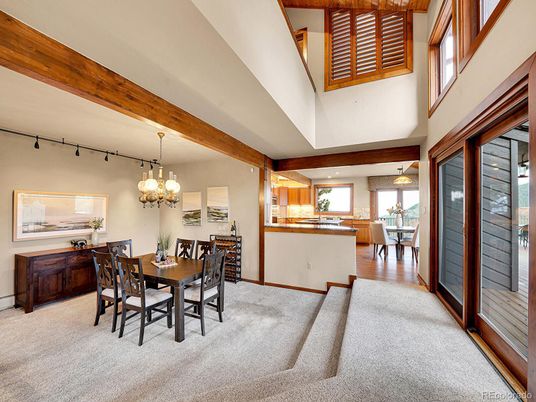 Chandelier, Dining room, Interior, Recessed Lighting, Wooden Beams, Wood Texture Flooring