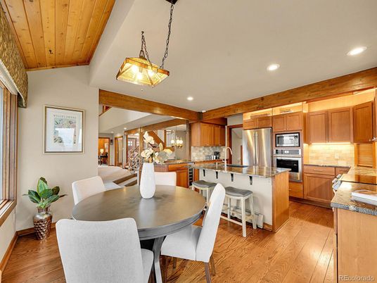 Dining room, Interior, Kitchen, Pendant Lights, Recessed Lighting, Stainless Steel Appliances, Wooden Ceilings, Wood Texture Flooring