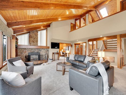 Fireplace, Interior, Living room, Piano, Recessed Lighting, Stone Walls, Wooden Beams, Wooden Ceilings