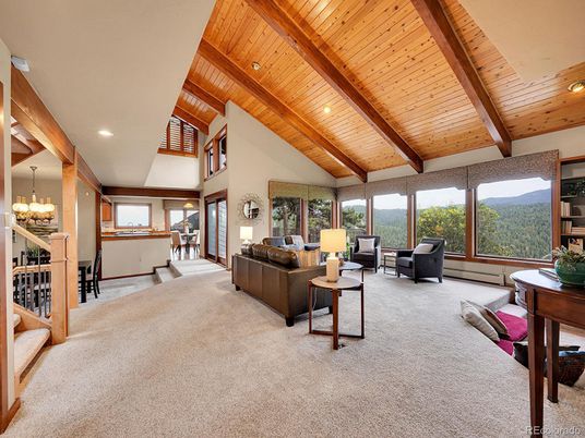 Chandelier, Dining room, Interior, Living room, Recessed Lighting, Wooden Beams, Wooden Ceilings