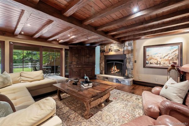 Fireplace, Interior, Living room, Recessed Lighting, Wooden Beams, Wooden Ceilings, Wood Texture Flooring