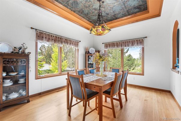 Dining room, Interior, Pendant Lights, Wood Texture Flooring