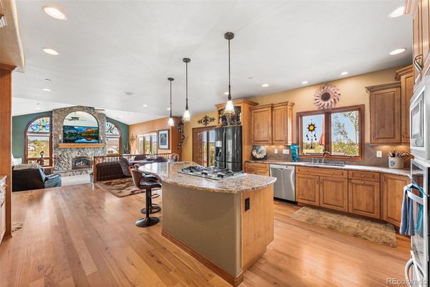 Fireplace, Interior, Kitchen, Living room, Pendant Lights, Recessed Lighting, Stainless Steel Appliances, Wood Texture Flooring