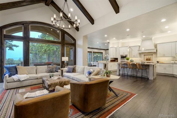 Chandelier, Interior, Kitchen, Living room, Pendant Lights, Recessed Lighting, Wooden Beams, Wood Texture Flooring