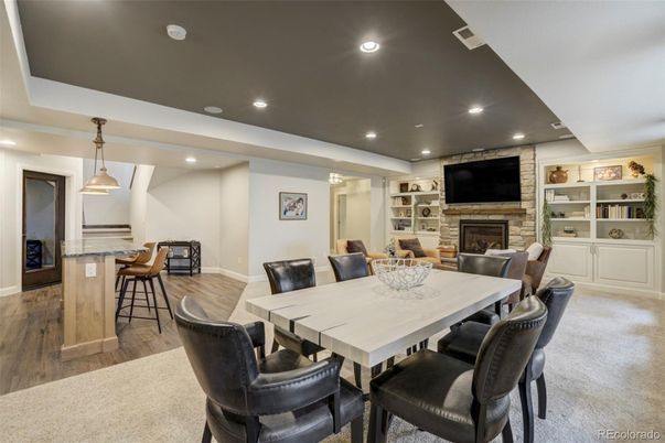 Dining room, Fireplace, Interior, Pendant Lights, Recessed Lighting, Wood Texture Flooring