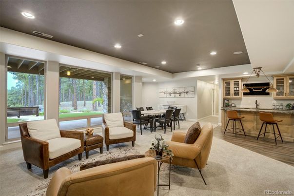 Dining room, Interior, Living room, Pendant Lights, Recessed Lighting, Wood Texture Flooring