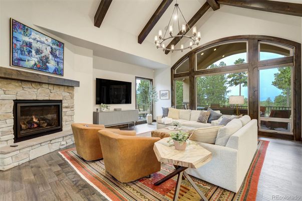 Chandelier, Fireplace, Interior, Living room, Wooden Beams, Wood Texture Flooring
