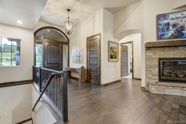 Fireplace, Interior, Pendant Lights, Recessed Lighting, Wood Texture Flooring