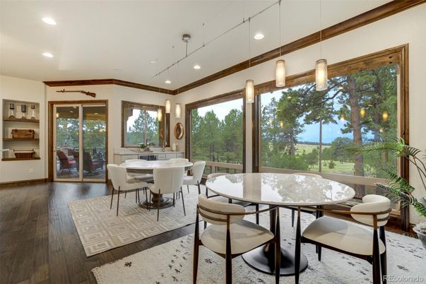 Dining room, Interior, Pendant Lights, Recessed Lighting, Wood Texture Flooring