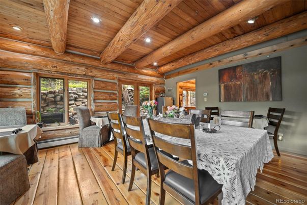 Dining room, Interior, Recessed Lighting, Wooden Beams, Wooden Ceilings, Wood Texture Flooring, Wooden Walls