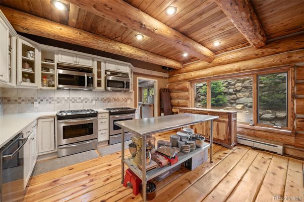 Interior, Kitchen, Recessed Lighting, Stainless Steel Appliances, Stone Walls, Wooden Beams, Wooden Ceilings, Wood Texture Flooring, Wooden Walls