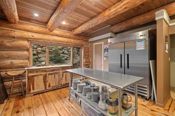Interior, Kitchen, Recessed Lighting, Stainless Steel Appliances, Wooden Beams, Wooden Ceilings, Wood Texture Flooring, Wooden Walls