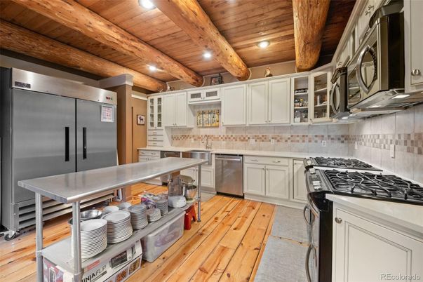 Interior, Kitchen, Recessed Lighting, Stainless Steel Appliances, Wooden Beams, Wooden Ceilings, Wood Texture Flooring