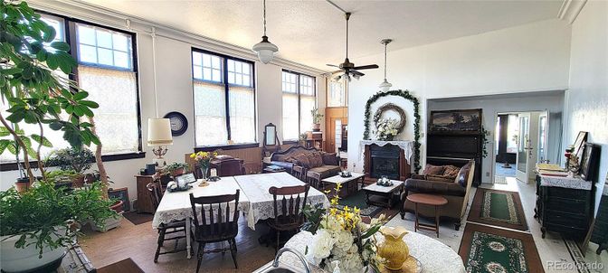 Dining room, Fireplace, Interior, Living room, Pendant Lights, Wood Texture Flooring