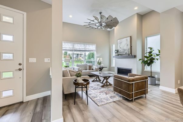 Fireplace, Interior, Living room, Recessed Lighting, Wood Texture Flooring