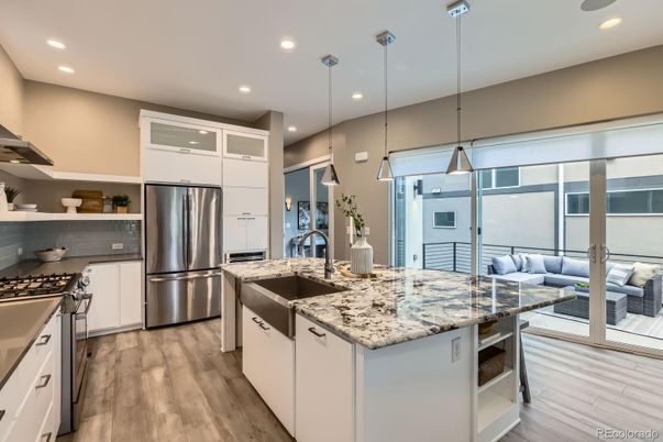 Interior, Kitchen, Living room, Pendant Lights, Recessed Lighting, Stainless Steel Appliances, Wood Texture Flooring