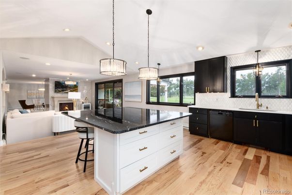 Fireplace, Interior, Kitchen, Living room, Pendant Lights, Recessed Lighting, Wood Texture Flooring