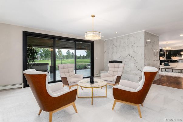 Interior, Kitchen, Living room, Marble Walls, Pendant Lights, Recessed Lighting, Wood Texture Flooring