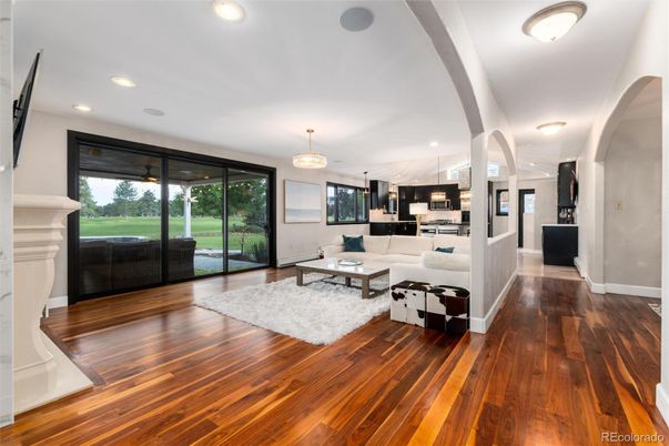 Fireplace, Interior, Kitchen, Living room, Pendant Lights, Recessed Lighting, Stainless Steel Appliances, Wood Texture Flooring