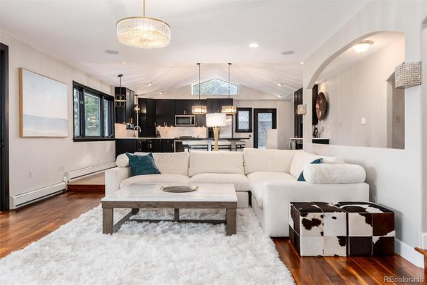 Chandelier, Dining room, Interior, Kitchen, Living room, Pendant Lights, Recessed Lighting, Wood Texture Flooring