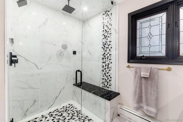 Bathroom, Glass Shower, Interior, Marble Walls, Recessed Lighting