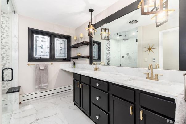 Bathroom, Dual Sink Vanities, Glass Shower, Interior, Marble, Pendant Lights