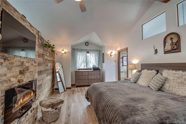 Bedroom, Fireplace, Interior, Wood Texture Flooring
